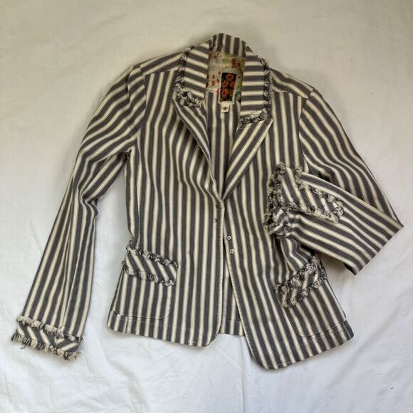 Vtg Anthropologie Burning Torch Blazer S Grey White Striped Jacket Cotton Y2K - Picture 4 of 10